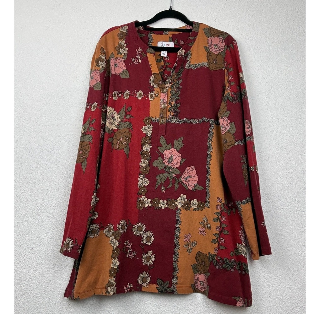 Denim & Co Red Floral Patchwork Henley Tunic - L - Boho Cottagecore Casual